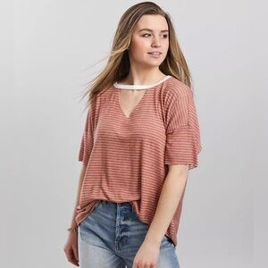 BKE Striped Cut-Out Drop Shoulder T-Shirt Small